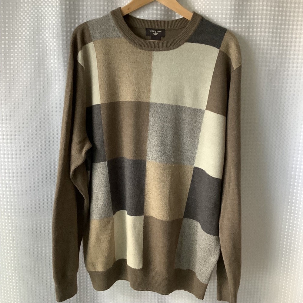 Dockers Mens Sweater XLT Knit Pullover Geometric Brown Color Block Dad Grandpa‎